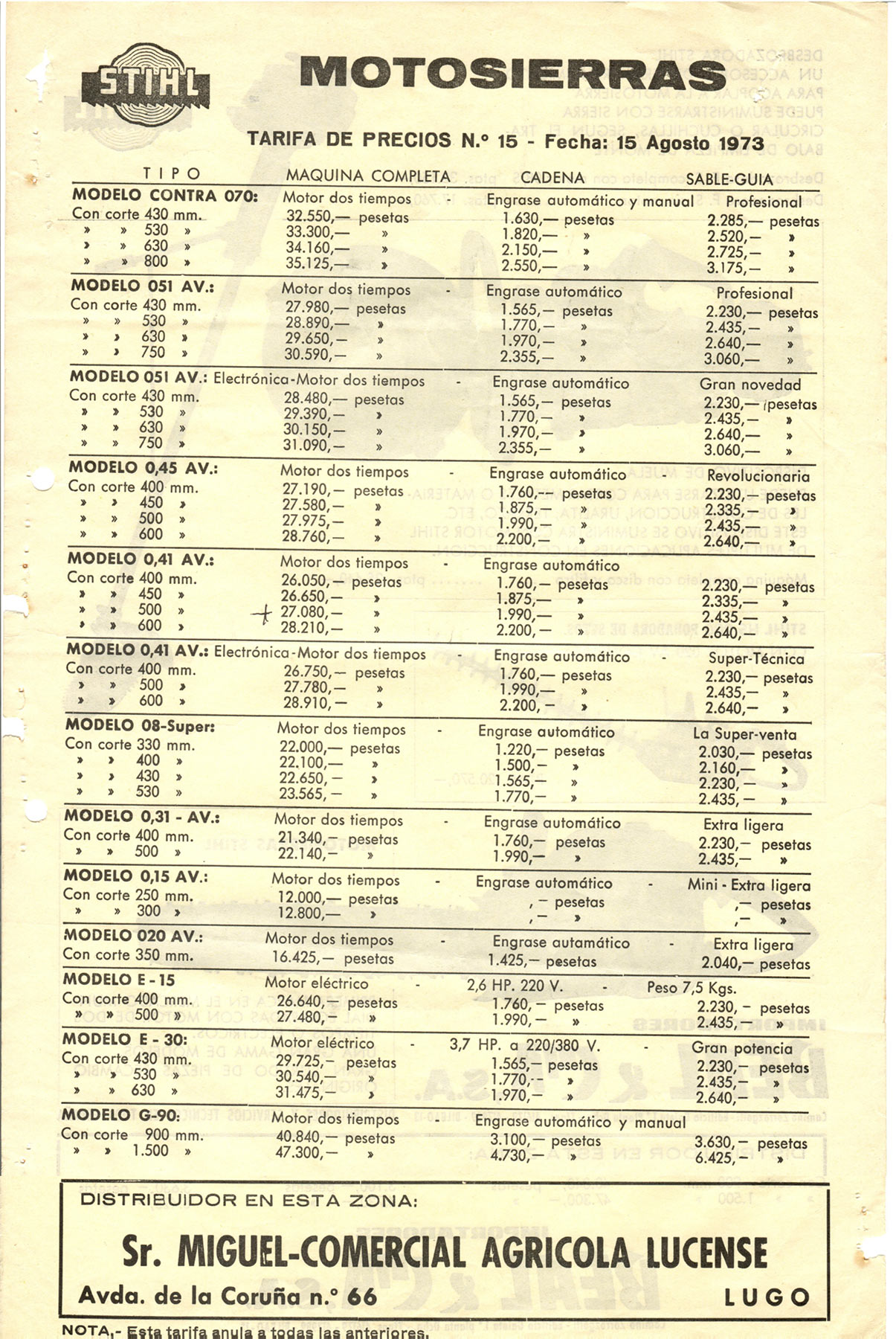 Catálogo precios Stihl en 1973